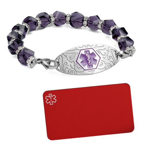 Purple Bead Stretch Medical Bracelet plus Engraved Wallet Card