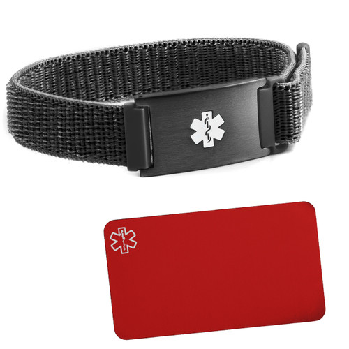 Black Fabric Adjustable Medical Bracelet plus Engraved Wallet Card