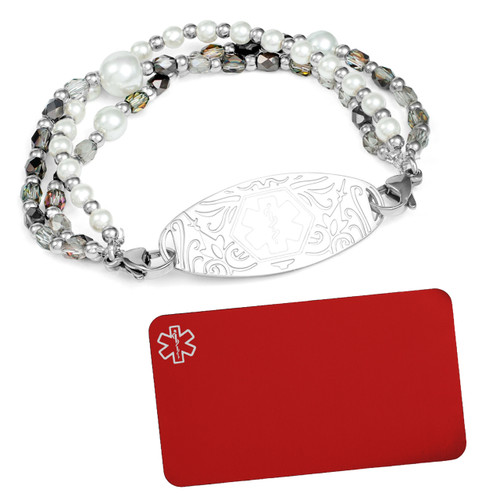 Purple and Pearl Beaded Medical Bracelet plus Engraved Wallet Card