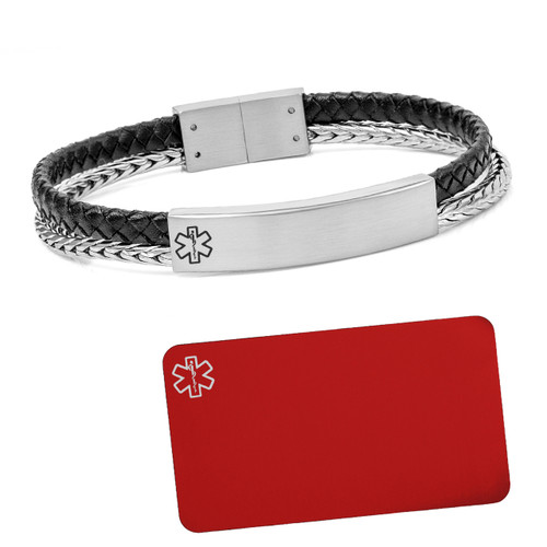 Black Leather and Silver Medical Bracelet plus Engraved Wallet Card