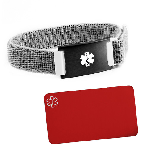 Grey Fabric Medical Bracelet plus Engraved Wallet Card