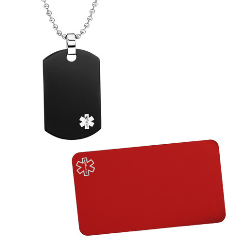 Black Medical Dog Tag Necklace plus Engraved Wallet Card