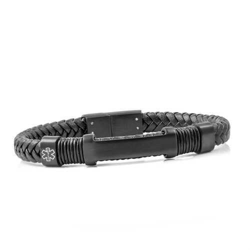 Black on Black Sleek Leather Medical ID Bracelet