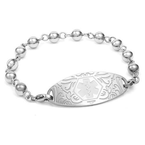 Silver Bead Bracelet and Designer Medical Tag