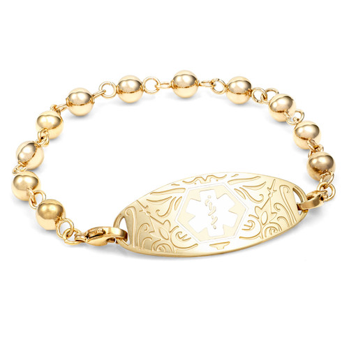 Gold Beaded Medical Bracelet with Designer Tag
