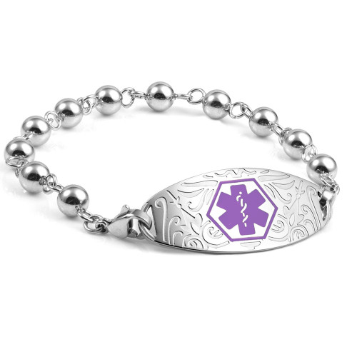 Silver Bead Medical Bracelet and Designer Purple Tag Silver Bead Medical Bracelet and Designer Purple Tag