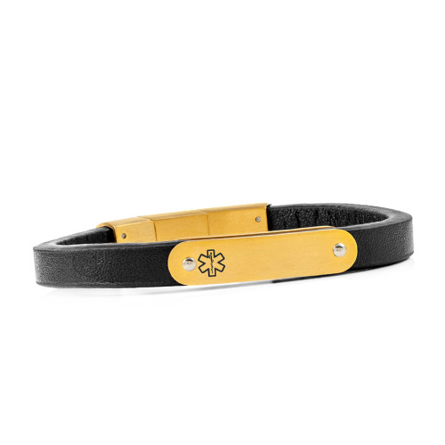 Gold and Black Leather Medical ID Bracelet
