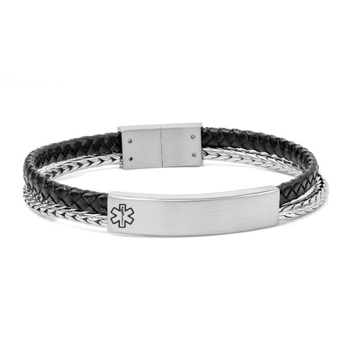 Braided Black Leather and Silver Medical Bracelet