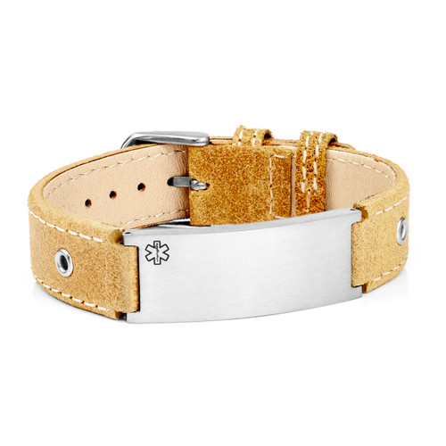 Casual Light Brown Leather Medical Alert Bracelet