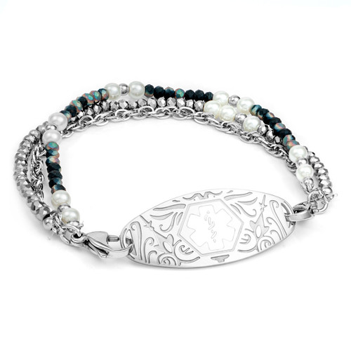 Shimmering Grey Bead and Chain Medical Bracelet