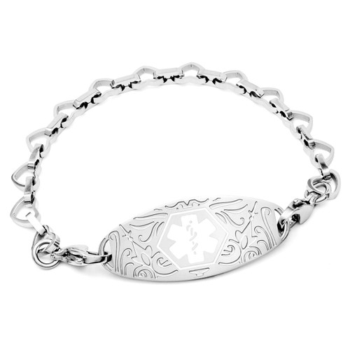Silver Heart Link Bracelet with Medical Tag