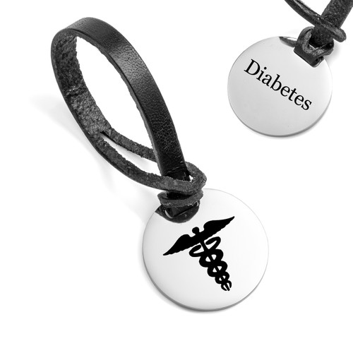 Diabetes Alert Caduceus Black Leather Bag Tag