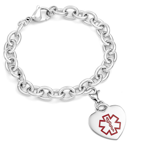 Medical Stainless Cable Link Heart Charm Bracelet 7.5 In