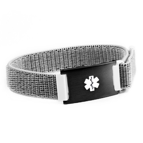 Grey Fabric Medical Bracelet with Black Tag Adjustable