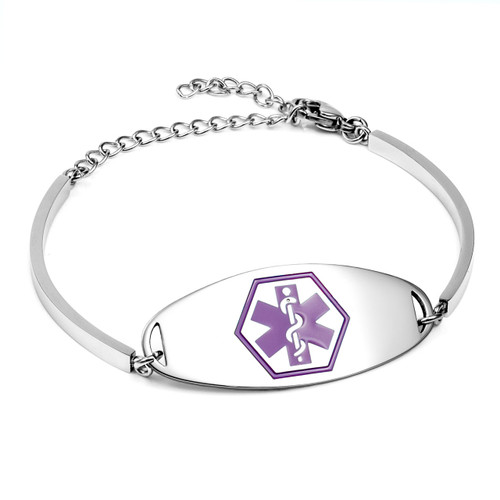 Adjustable Silver Medical Alert Bracelet with Purple Symbol