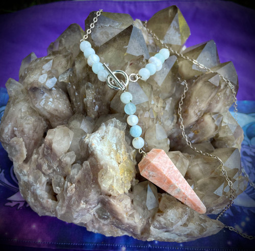 Solid 925 Sterling Silver Peach Moonstone Pendulum Necklace with Rainbow Moonstone, Pearl and Aquamarine Beads