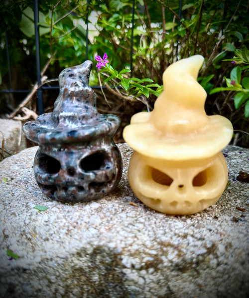 Crystal Jack-O’-Lantern with Witch Hat – Yooperlite or Orange Calcite Crystal Jack-O’-Lantern with Witch Hat – Yooperlite or Orange Calcite