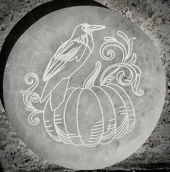 Raven and Pumpkin Etched Selenite Plate