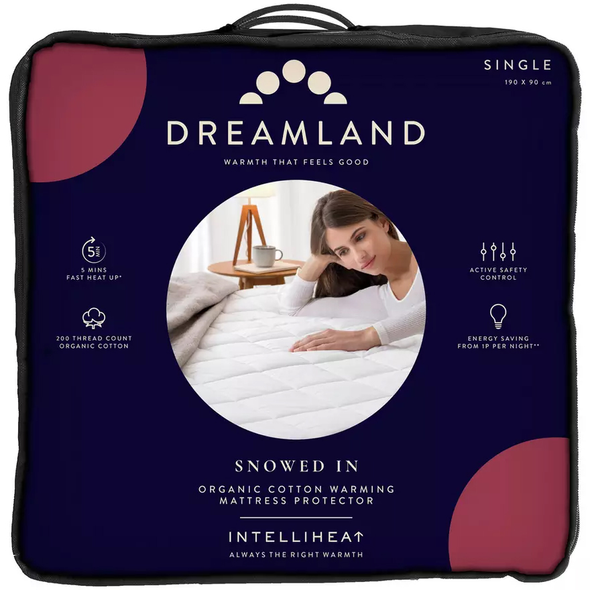 Dreamland, 16886, Single Electric Heated Mattress Protector Organic Cotton, White