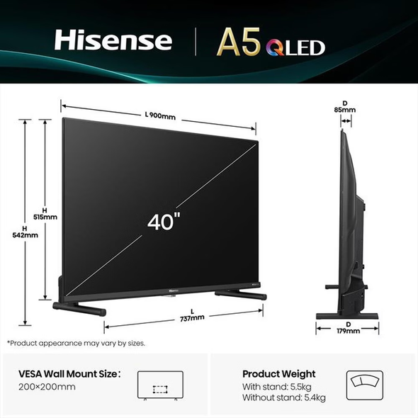 Hisense, 40A59Q, 40" A5Q QLED Smart TV Satellite Tuner, Black