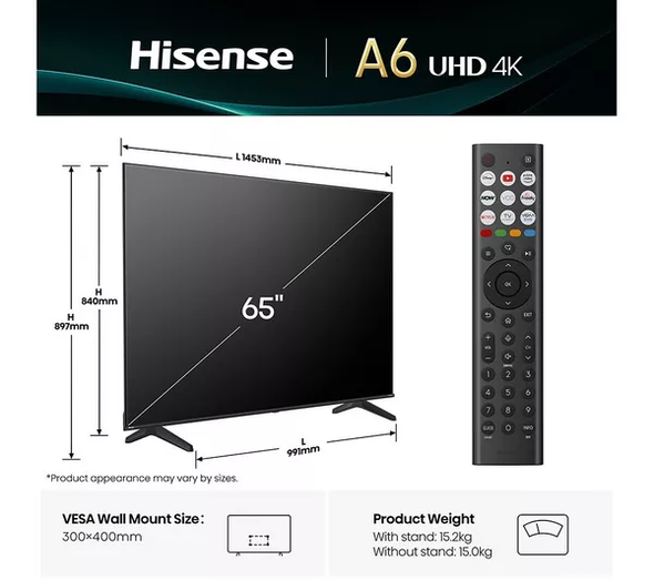 Hisense,  65A61Q, 65" A6Q 4K Ultra Smart TV Satellite Tuner, Black