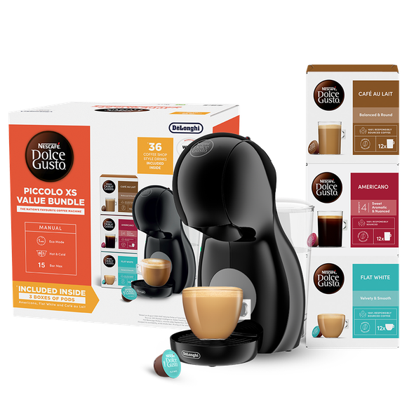 De'Longhi, EDG210.BGY+3COF, Dolce Gusto Piccolo XS Pod Coffee Machine Bundle, Black
