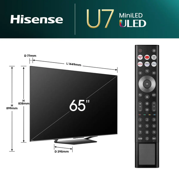 Hisense, 65U71Q, 65" U7Q Mini QLED 4K HDR 144Hz Smart AI TV, Black