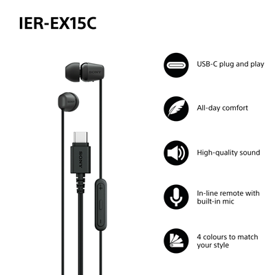 Sony, IEREX15CBCE7, USB-C Wired Earbuds, Black