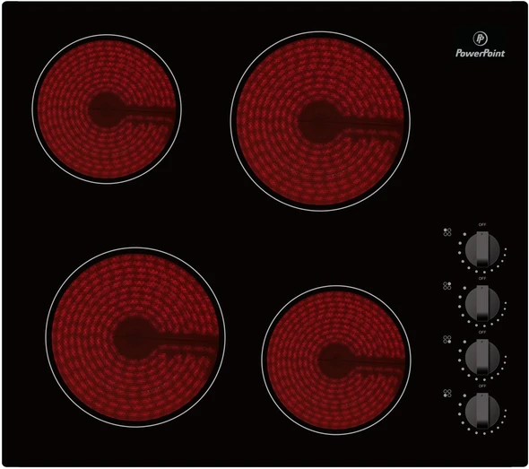 PowerPoint, P154MDMA, 60cm Ceramic Hob 4 Zones Dial Controls, Black