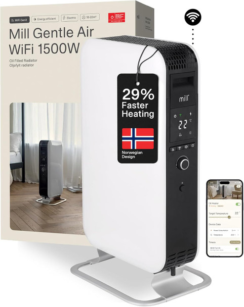 Mill, OIL1500WIFI3, Gentle Air WiFi Oil Filled Radiator 1500W, White