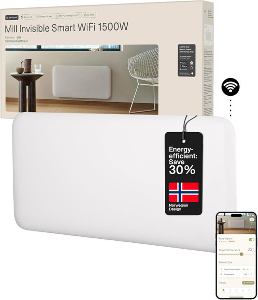 Mill, PA1500WIFI4A, Invisible Smart WiFi Panel Heater 1500W Portable and Wall-Mounted, White