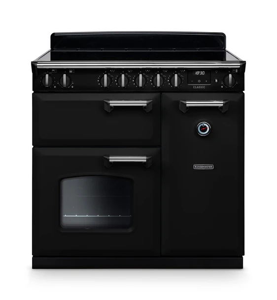 Rangemaster,CLA90EIBL/C, Classic 90 CLA90EIBL/C 90cm Induction Range Cooker 5 Zones Boost 2 Fanned Ovens Separate Grill A Energy, Black & Chrome