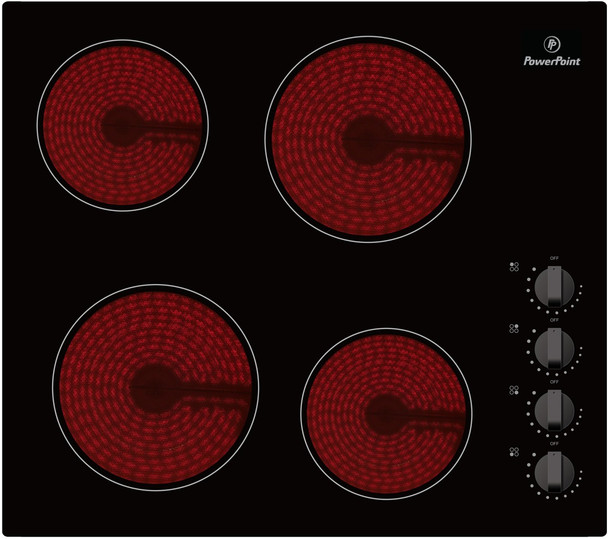 PowerPoint, P154MDMA, 60cm Ceramic Hob 4 Zones Dial Controls, Black