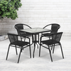 Flash Furniture - Lila Outdoor Square Contemporary Metal 5 Patio Table and Chair Set - Clear Top/Black Rattan