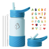 Buzio - 14oz Insulated Water Bottle with Straw Lid & Silicone Boot for Kids - Blue