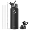 Buzio - 40oz Insulated Water Bottle with Straw Lid and Spout Lid - Black