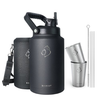 Buzio - Rock Series Insulated Water Bottle Growler with 2 Stainless Cups and Straw Lid 128oz - Black