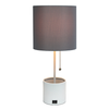 Simple Designs White Hammered Metal Organizer Table Lamp with USB charging port and Fabric Shade, Gray - White base/Gray shade