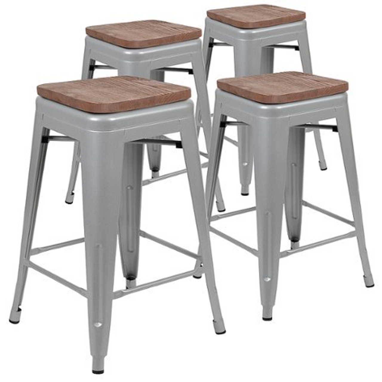 Flash Furniture - 24" High Metal Counter-Height, Indoor Bar Stool with Wood Seat - Stackable Set of 4 - Silver