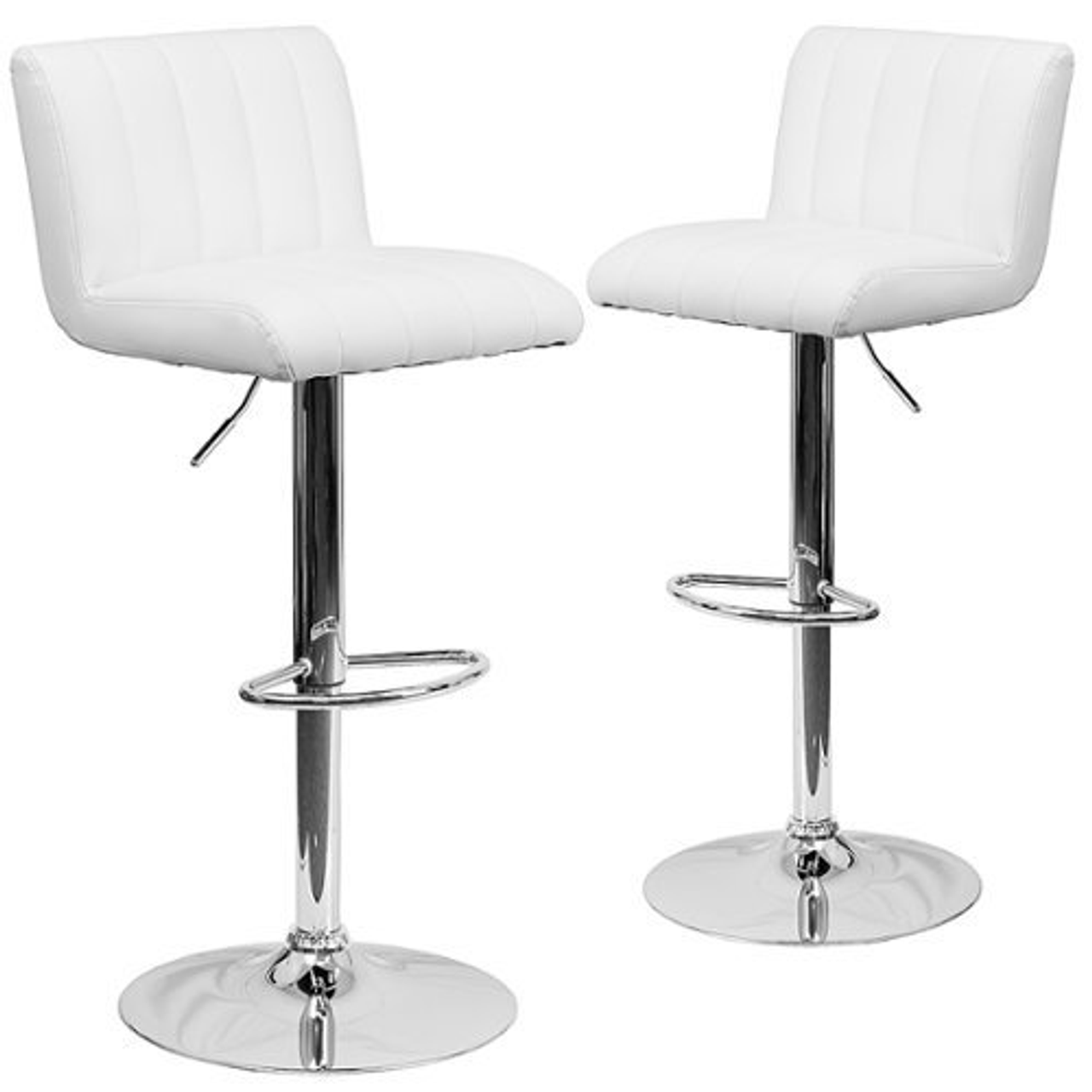 Flash Furniture - 2 Pk. Contemporary Vinyl Adjustable Height Barstool with Vertical Stitch Back/Seat and Chrome Base - White