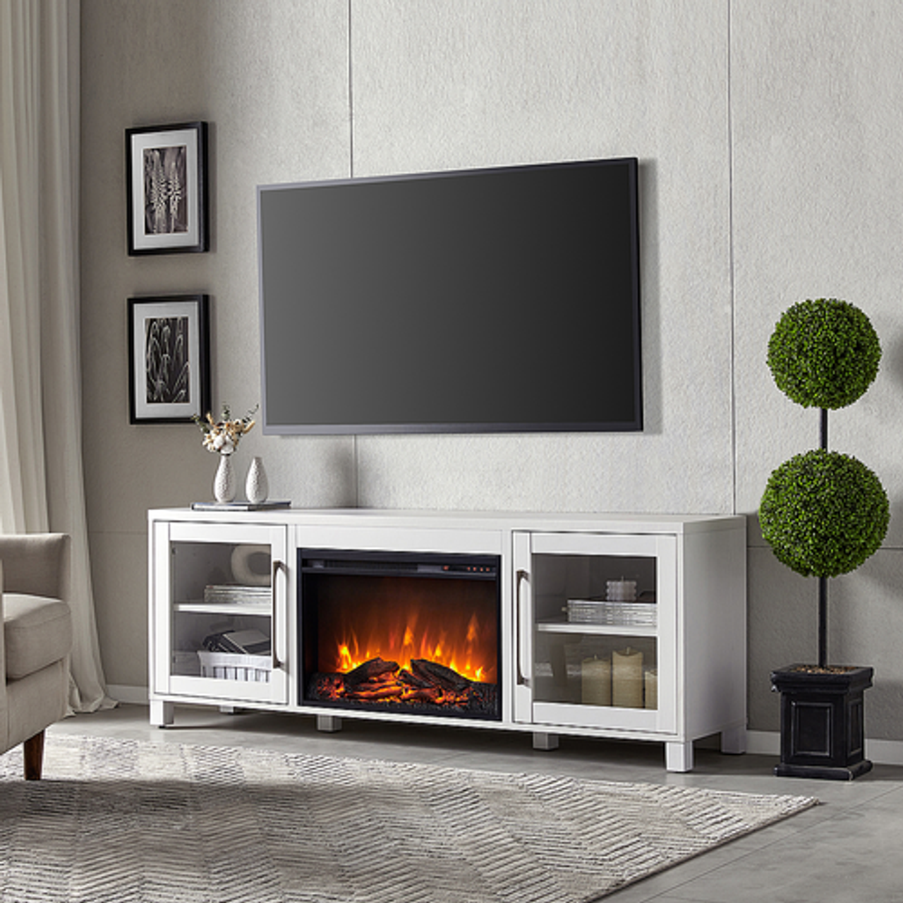 Camden&Wells - Quincy Log Fireplace TV Stand for TVs up to 80" - White