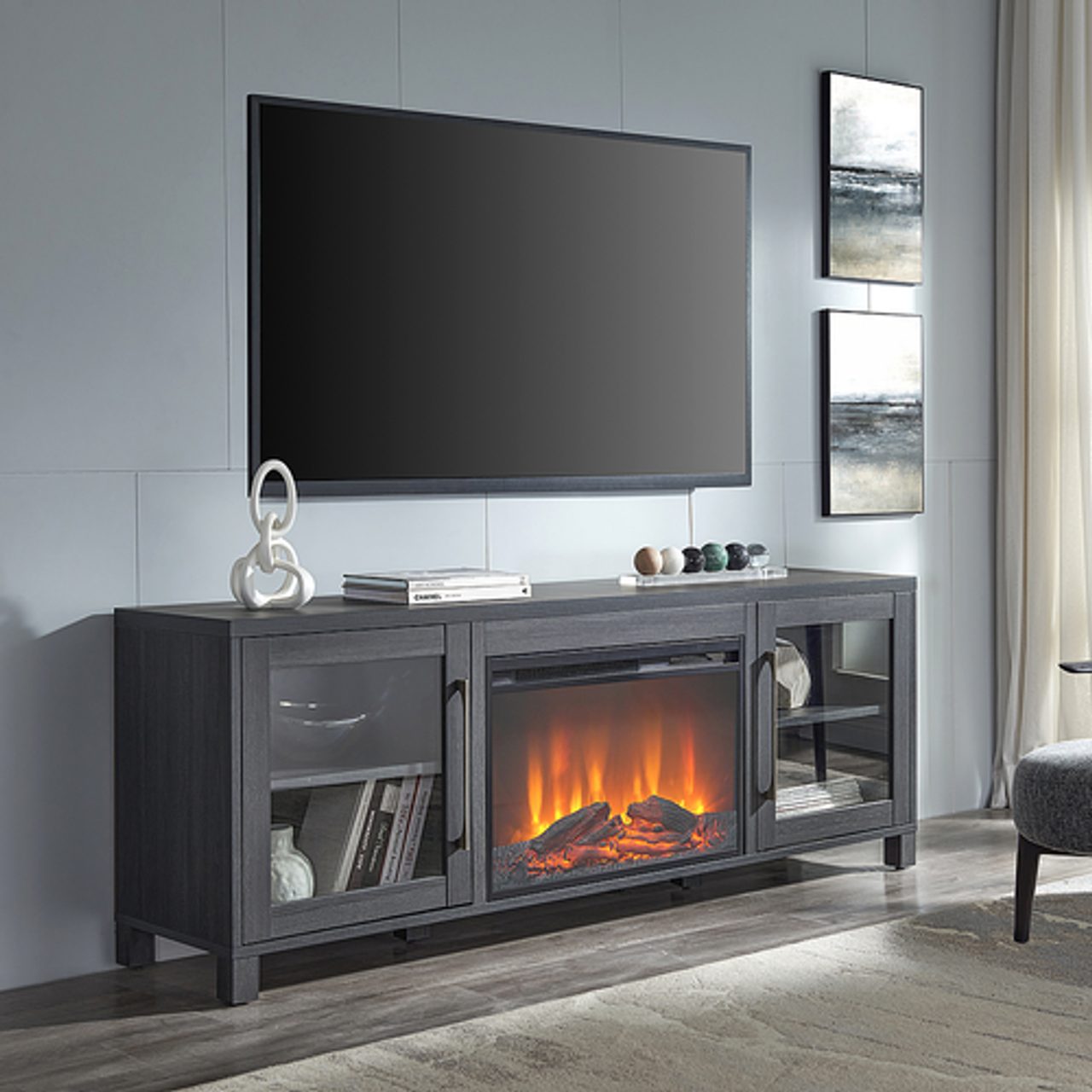 Camden&Wells - Quincy Log Fireplace TV Stand for TVs up to 80" - Charcoal Gray