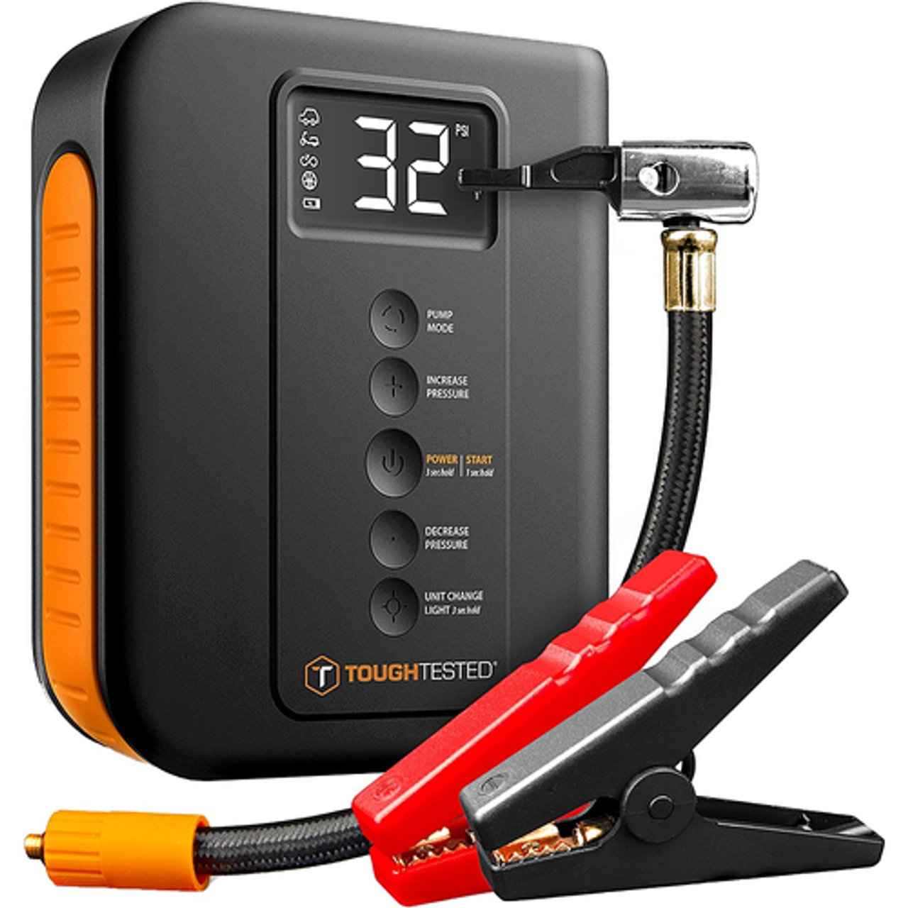 TOUGHTESTED - Phoenix Jump Starter Wwith Powerbank, Tire Inflator and Emergency Roadside Light - Black