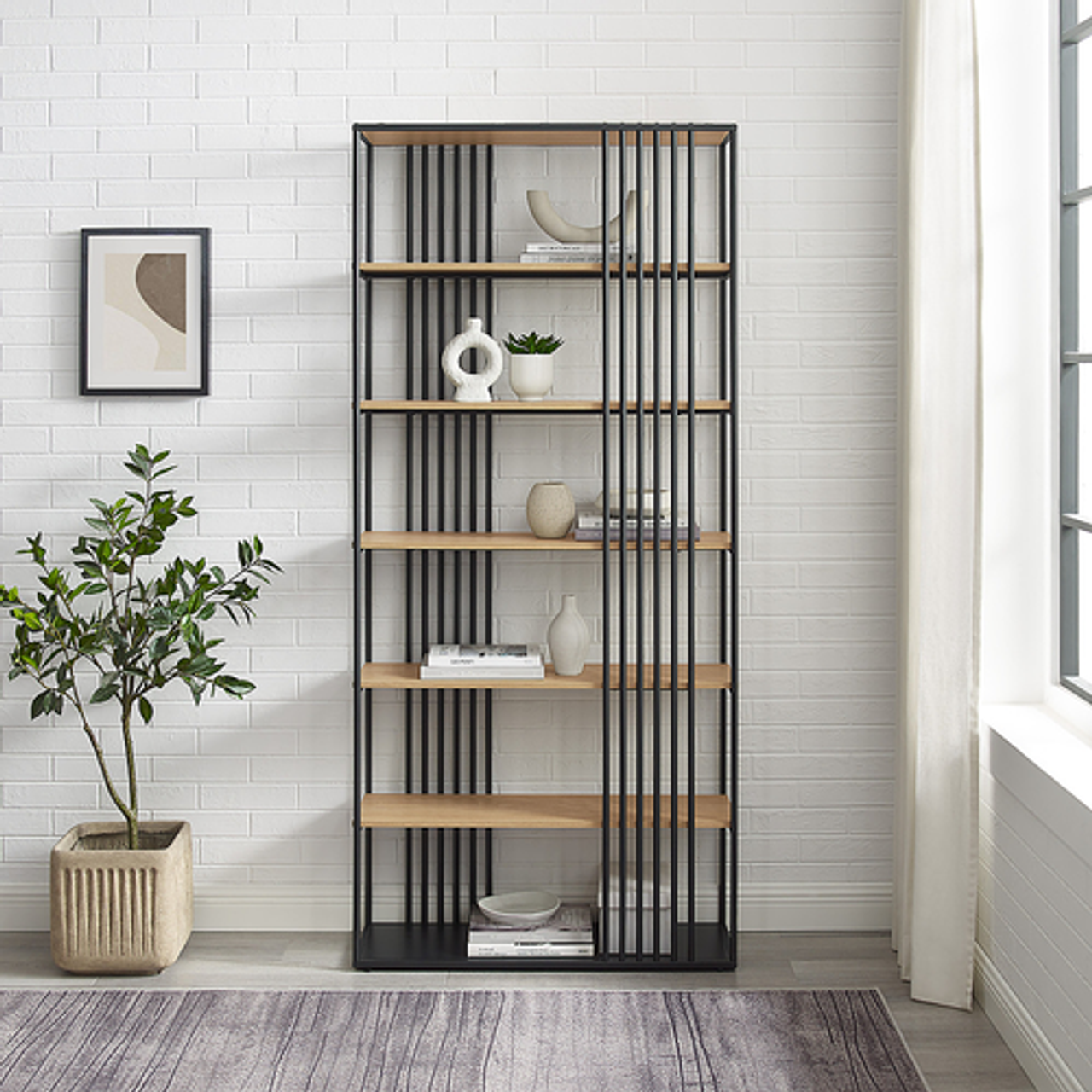 Walker Edison - Contemporary Metal and Wood Minimalist Bookshelf - Coastal Oak/Black