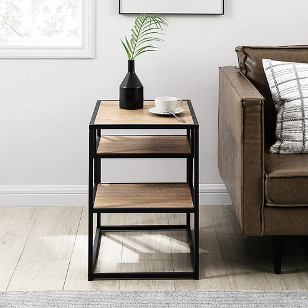 Walker Edison - Modern Minimal Side Table with Floating Shelves - Coastal Oak