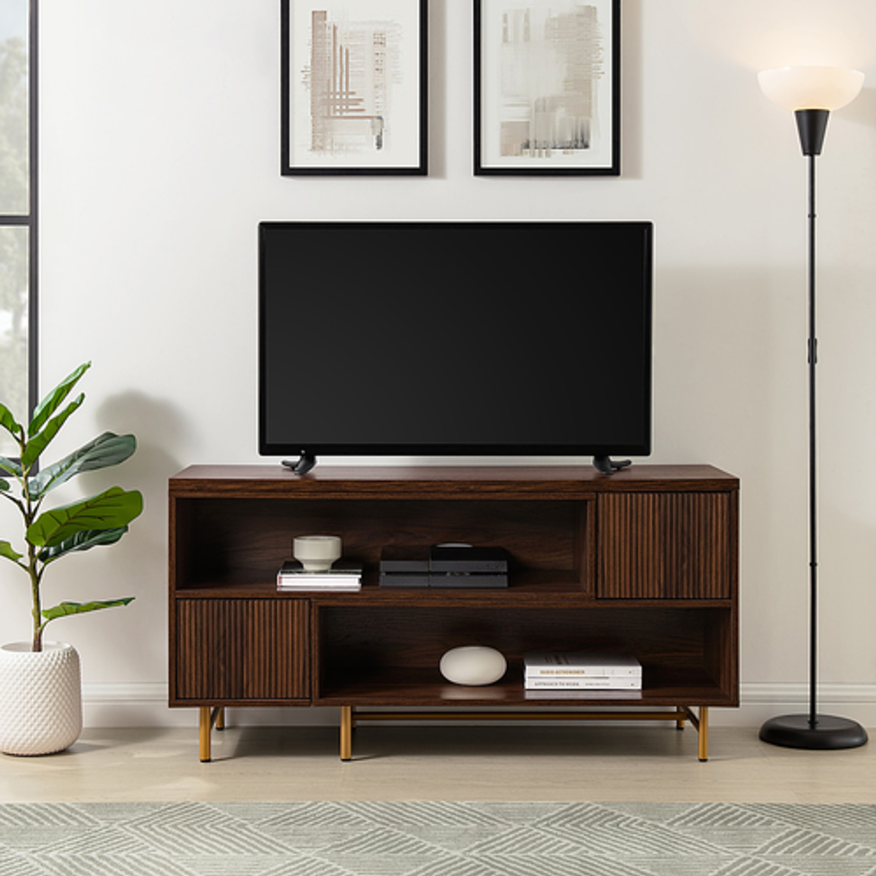 Walker Edison - Contemporary Extendable Fluted-Door TV Stand for TVs up to 55” - Dark Walnut/Gold