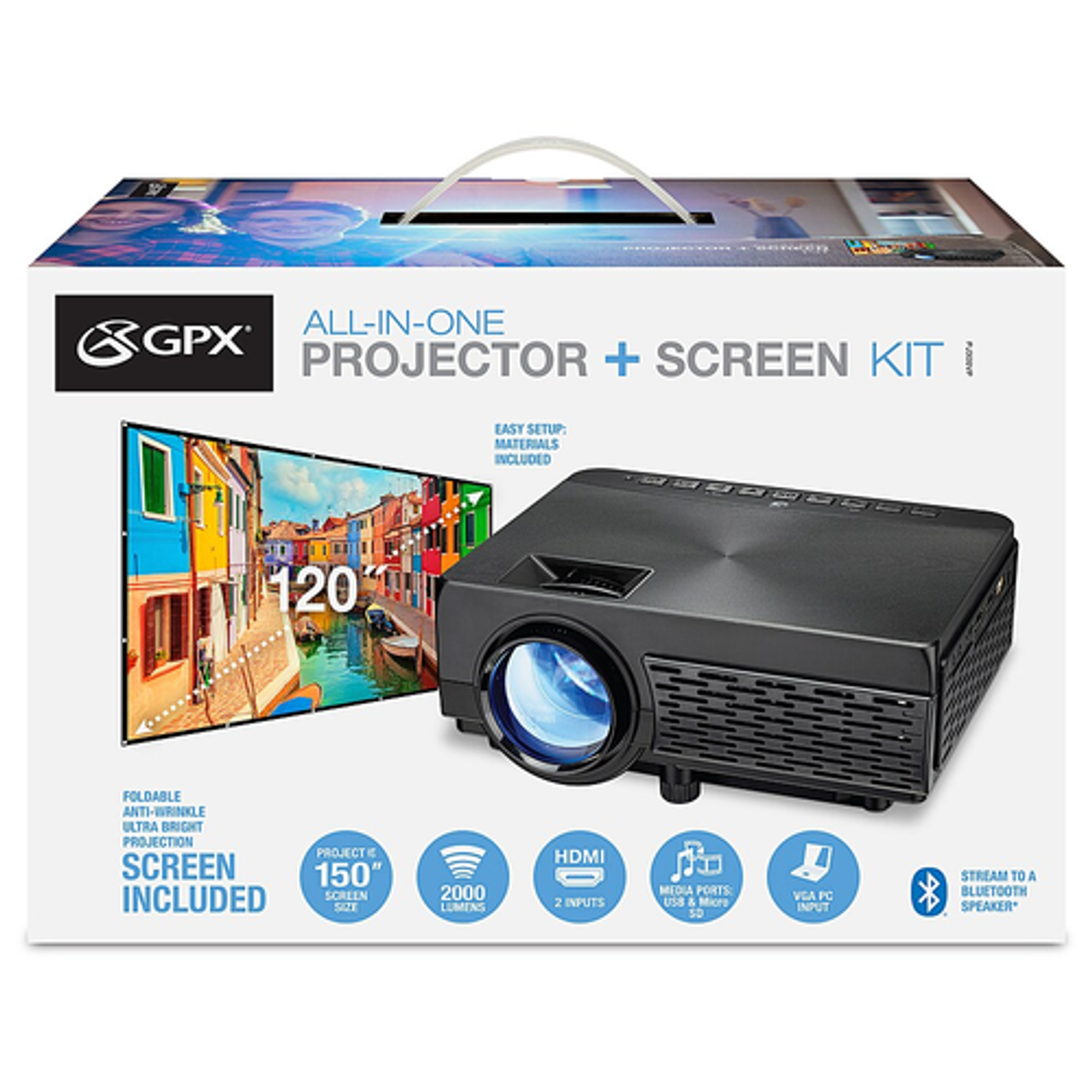 GPX - Projector with Bluetooth and 120in Projection Screen - Black