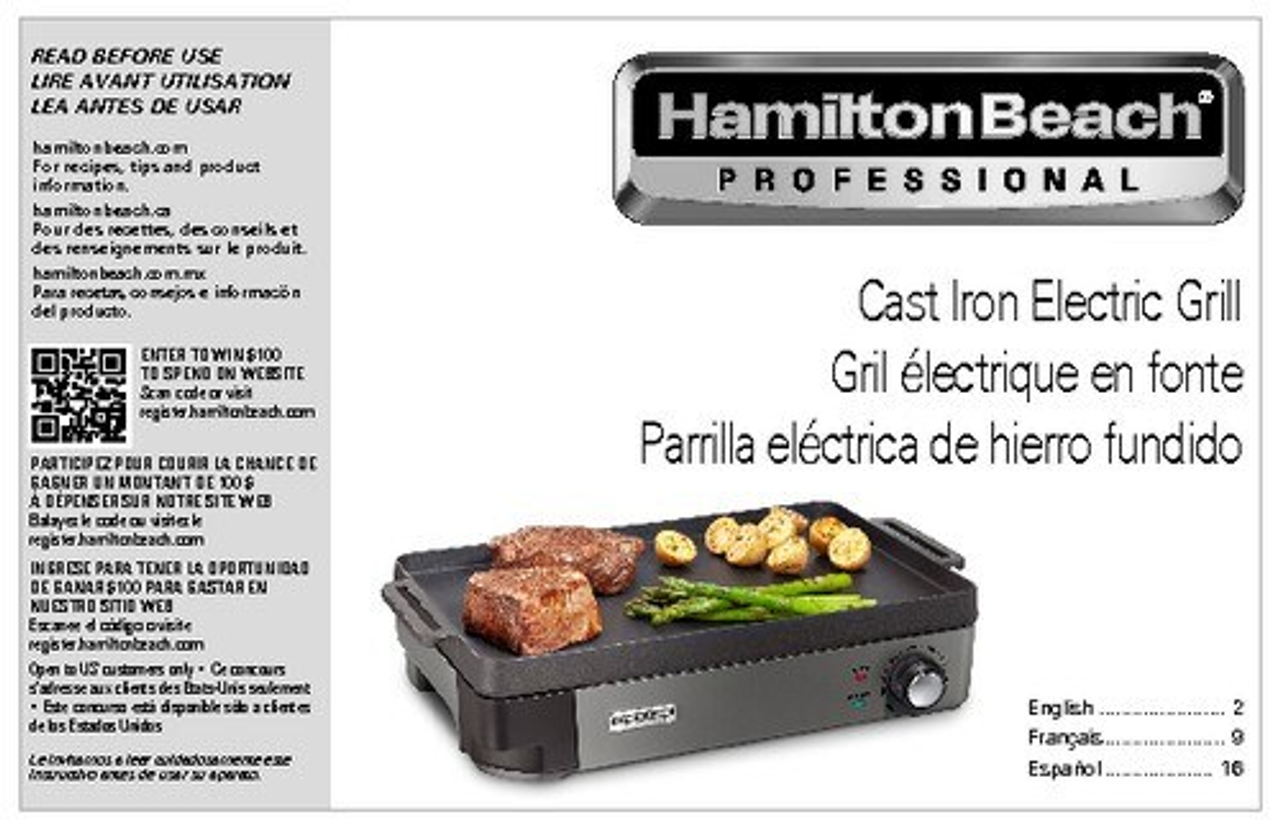 Hamilton Beach Professional Cast Iron Electric Grill - BLACK