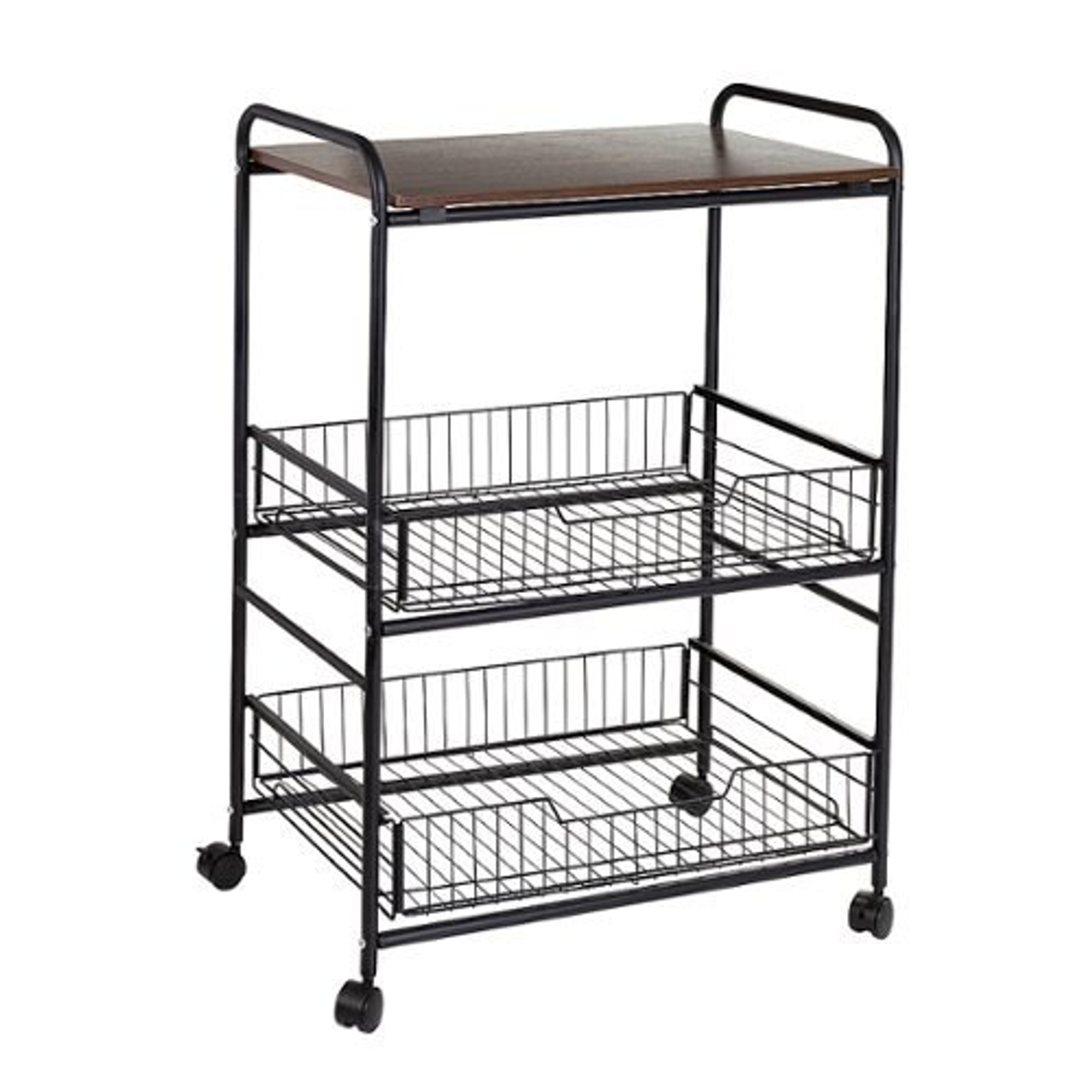 Honey-Can-Do - 3-Tier Rolling Cart with Wood Shelf and Pull-Out Baskets - Black/Brown