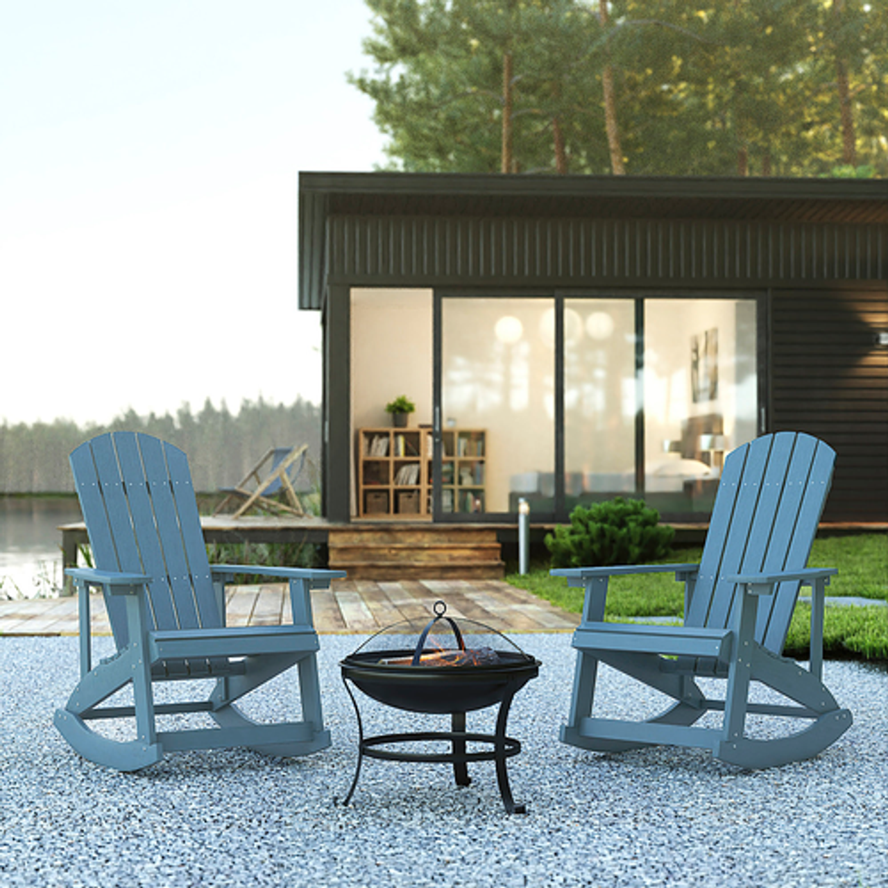 Flash Furniture - Savannah Rocking Patio Chairs and Fire Pit - Sea Foam